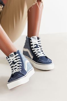 Vans Shoes Fashion, Vans Aesthetic, Denim Vans, Denim Sneakers, Patchwork Denim, Vans Sk8 Hi, Hype Shoes