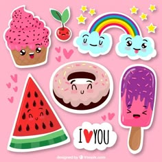 various stickers with different types of ice cream, watermelon and donuts