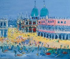 an oil painting of people on the beach in front of a large building with domes