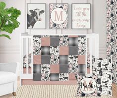 a baby crib bedding set with black and white checkerboard patterns, pink accents