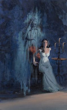 a painting of a woman sitting on a chair in front of a statue with candles