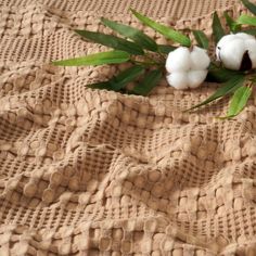 two cottons are laying on top of a brown cloth with green leaves in the foreground