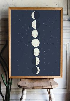 a poster with the phases of the moon on it in front of a wooden chair