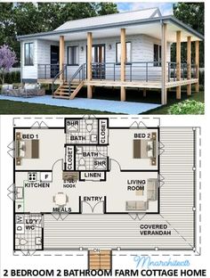 two bedroom 2 bathroom cottage home plan with porches and stairs to the second floor