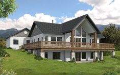 this is an artist's rendering of a house in the country side with large decks