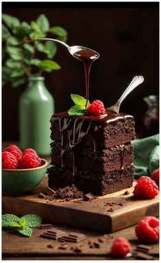 a piece of chocolate cake with raspberries on the side and drizzled with chocolate