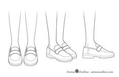 three different types of shoes are shown in this line art drawing style, with the bottom part