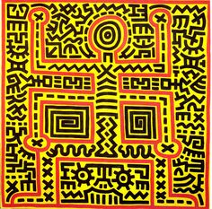 a yellow and black painting with different designs on it