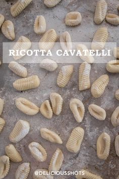 several peeled bananas on a baking sheet with the words ricotta cavatelli above them