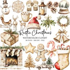 watercolor christmas clipart set with presents, stockings, gifts and other holiday items