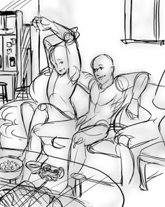 black and white drawing of two people sitting on a couch in a living room with chairs