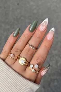 Are you looking for colored French tip nails to put a modern twist on a classic manicure? If so, you’ll love these 40 unique designs for your next nail set! For example, we love these sage green and white French nails in almond shape. Olive Nails, Red And White Nails, Checkered Nails, 2023 Nail, Fall Nail Trends, February Nails, Green Nail Designs, Almond Nails Designs, Pearl Nails