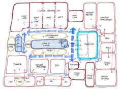 a drawing of a floor plan with several different areas in the center and one area at the top