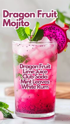 dragon fruit mojito with lime juice, mint leaves and white rum on the side