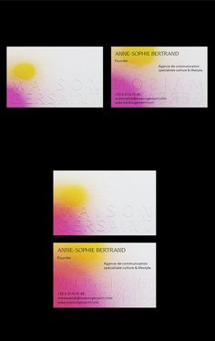 three business cards with different colors and font on the front, one in pink, one in yellow