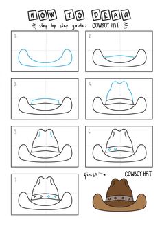 How To Draw COWBOY HAT Step By Step For Kids Easy Illustration Doodle Drawing GUIDE - Simple and easy, learn how to draw in 8 smart steps for preschoolers and k-5 elementary school-age kiddos. FREE! #Follow us for more. - Art Guide, Beginners drawing tips, easy drawing, drawing technique for children, simple doodles, simple drawing, #howtodraw, drawing tricks hacks, tutorial Guides for Kids, Art project ideas, free lessons Step By Step Cowboy Hat Drawing, Western Crafts For Preschoolers, How To Draw A Cowboy Hat Step By Step, How To Draw A Cowboy Boot Step By Step, How To Draw A Cowboy Hat Easy, Rodeo Doodles, Cowboy Doodles Easy, How To Draw Cowboy Boots Step By Step, Cowboy Cartoon Drawing