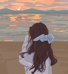 a painting of a girl looking out at the ocean with her back to the camera