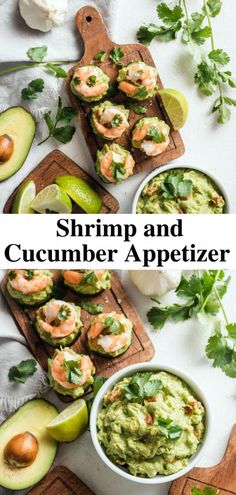 shrimp and guacamole appetizer with avocado on cutting board