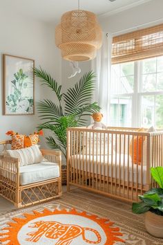 a baby's room with an elephant rug and crib