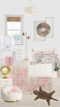 a bedroom with pink and gold accents