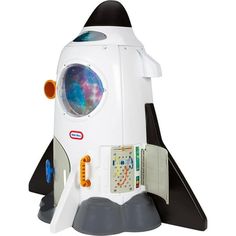 a little kid's toy rocket ship that is white and black