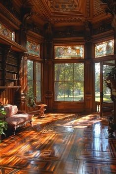 the sun shines through windows in an ornately decorated room with bookshelves