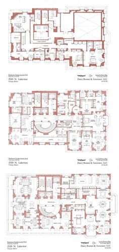 two floor plans for the first and second floors of a building with red trimmings