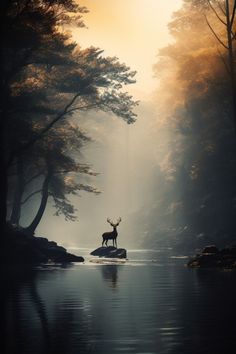 a deer standing on top of a rock in the middle of a lake surrounded by trees