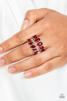 Increasing in size near the center, a row of red marquise style rhinestones stacks above a row of red teardrop rhinestones for a timelessly stacked look. Features a stretchy band for a flexible fit. Sold as one individual ring. P4RE-RDXX-111XX Thick Band Ring, Red Ring, Red Rings, Mobile Boutique, Bridal Ring Sets, Rhinestone Ring, Paparazzi Accessories, Bling Rings, Red Rhinestone