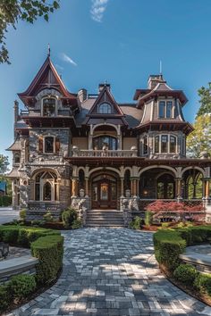 a large house with many windows and lots of bushes in front of the entrance to it