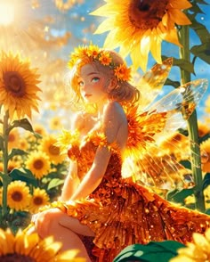 a fairy sitting on top of a field of sunflowers