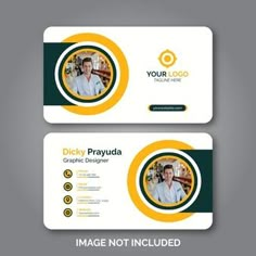 two business cards with an image of a man in the center and yellow circles on the bottom