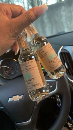 two bottles of alcohol are being held in the car