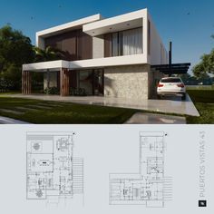 an architectural rendering of a modern house with floor plans and elevation details for each section