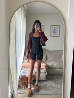 Jumpsuit Romper Outfit Casual, Romper Casual Outfit, One Piece Outfits Jumpsuit, Body Suit With Uggs, Athletic One Piece Outfit, Body Suit Romper Outfits, How To Style A One Piece Bodysuit, Yoga Romper Outfit