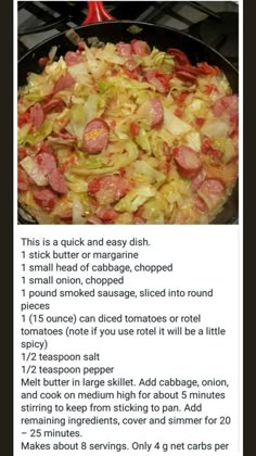 the recipe for cabbage and sausage skillet is shown in an email post, with instructions to make it