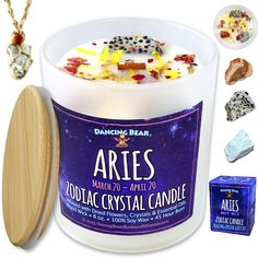 an image of aries zodiac crystal candle with other items around it on a white background