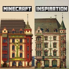 an image of two different buildings with the words minecraft installation above them and below it