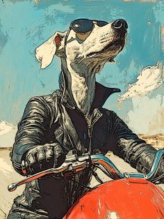 a drawing of a dog wearing sunglasses and riding a motorcycle with the sky in the background