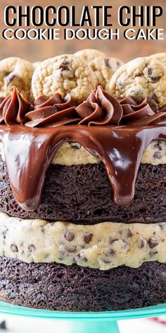 chocolate chip cookies and oreo cookies are on top of the cookie cake, which is frosted in chocolate