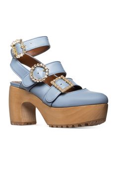 Light Blue Leather Ankle Strap Clog – Autumn Adeigbo Closed Toe Heels Outfits, Light Blue Shoes, Creative Shoes, Closed Toe Heels, Funky Shoes, Heels Outfits, Wooden Clogs, Wood Heel, Aesthetic Shoes