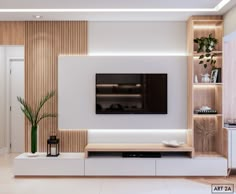 a modern living room with white walls and wood paneling on the wall, tv mounted above the entertainment center