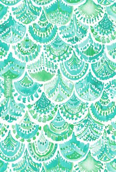 a blue and green watercolor pattern with trees on the top, in shades of teal