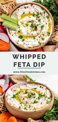 two bowls filled with whipped feta dip surrounded by carrots and celery