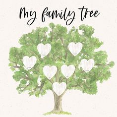 a family tree with white hearts hanging from it's branches and the words, my family tree