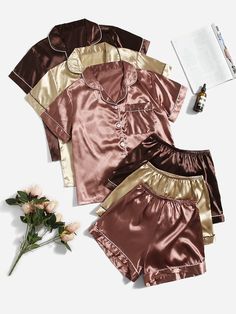 Multicolor Elegant  Short Sleeve Satin Plain Short Sets Embellished Non-Stretch  Women Sleep & Lounge