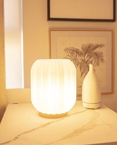 a white lamp sitting on top of a table next to a vase with a plant in it