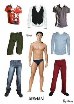 many different men's clothing are shown in this image