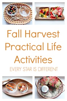 the cover of fall harvest practical life activities, including plates and trays filled with food