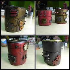 four different views of a leather cuff with gears and wheels on the side, in various colors